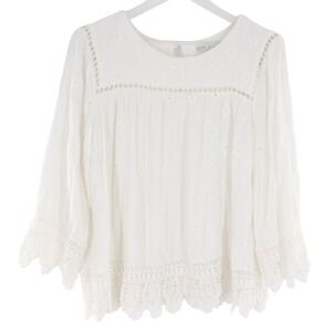 Pale Sky Eyelet Embroidered Lace Trim Blouse Size L White